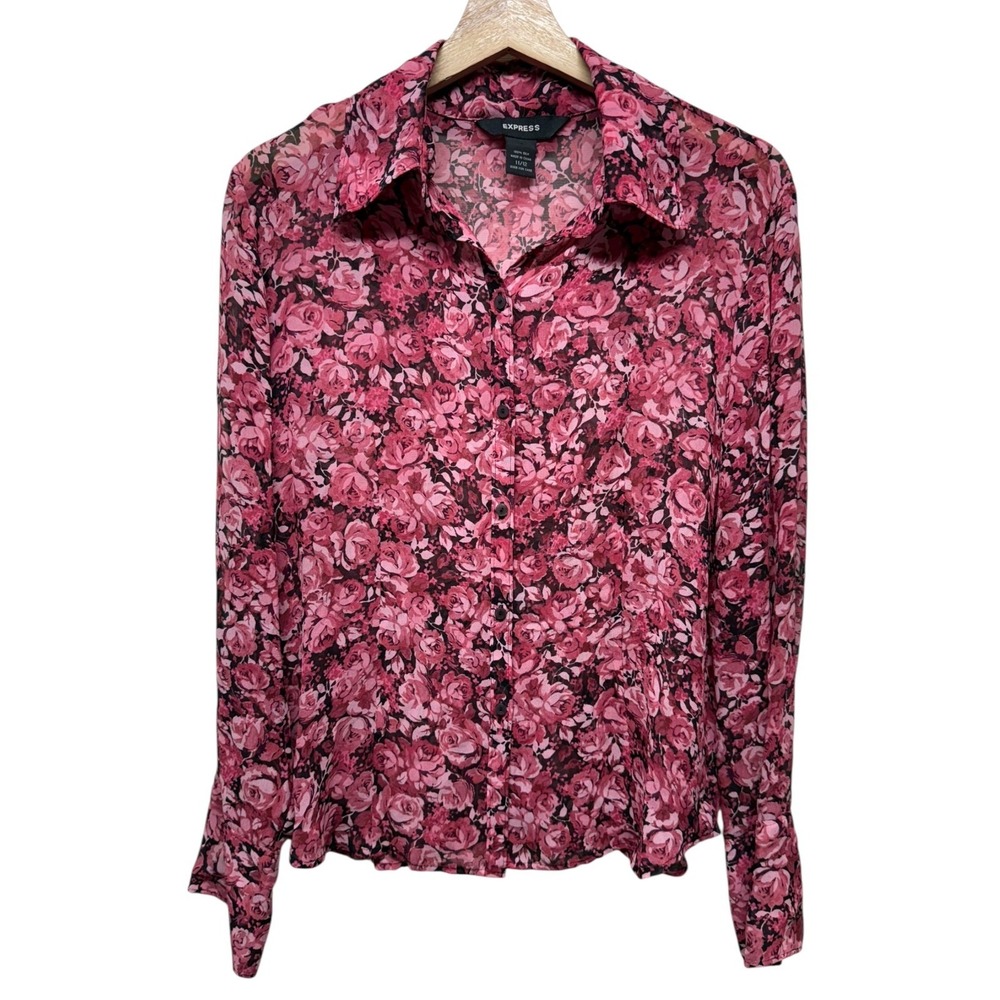 Vtg Express 100% Silk Button Up Shirt 11/12 Floral Romantic Long Sleeve Red Pink